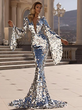 2023 naujų Europos ir Amerikos moterų suknelė seksualus china sidabro pokylių suknelė padengti sėdmenų vakaro suknelė