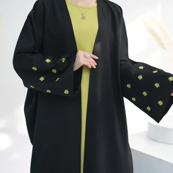 Eid Abaja Lino Kimono Moterų Dubajaus Prabanga Dobilų Siuvinėjimo Atidaryti Abayas Musulmonų Turkija Suknelė, Hijab Ramadanas Islamas Kaftan Skraiste