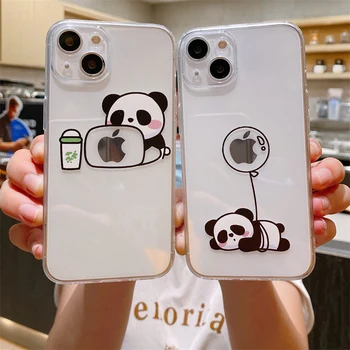 Mielas Panda Skaidrus Telefono dėklas skirtas IPhone 11 12 13 14 Pro Max XS MAX X XR 7 8 14Plus SE2 Animacinių filmų Gyvūnų atsparus smūgiams Galinį Dangtelį