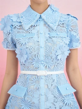 Mėlyna Boho Elegantiškas 2023 Suknelės Moterims Trumpas Rankovės Siuvinėjimas Šalies Vasarą Moteris Tinklelio Suknelė Vintage-Line Kietas Seksualus Nėriniai Skraiste