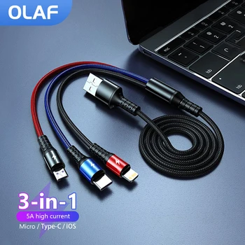 Olaf 3 In 1 USB Kabelis Greito Įkrovimo 5A C Tipo Mikro USB Laido IPhone14 13 12 11 Pro 
