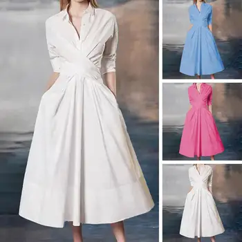 Suknelės Moterims 2023 Pavasario Vasaros Atvartas Kietas Dirželis ilgomis Rankovėmis Suknelė Balta Suknelė Moterims Drabužių Streetwear Vakaro Suknelės