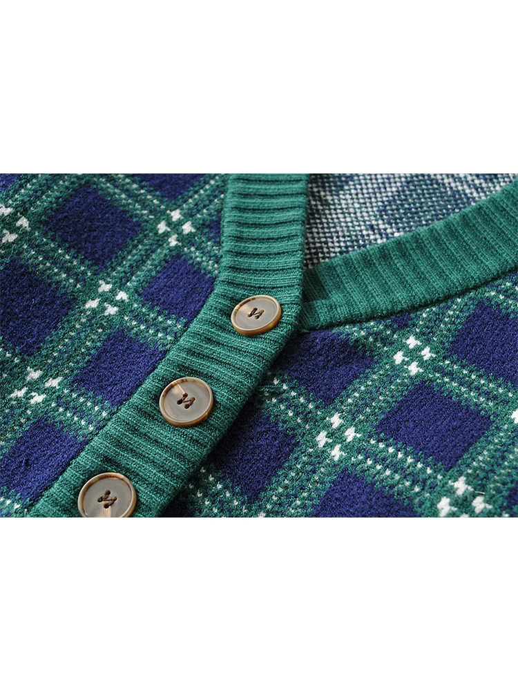 Moterų Žalia Skara Megztinis Megztas Megztinis Kawaii Long Sleeve V-Kaklo Patikrinti Megztiniai Megztinis Korėjos Y2k Vintage Megztinis Viršuje Rudenį