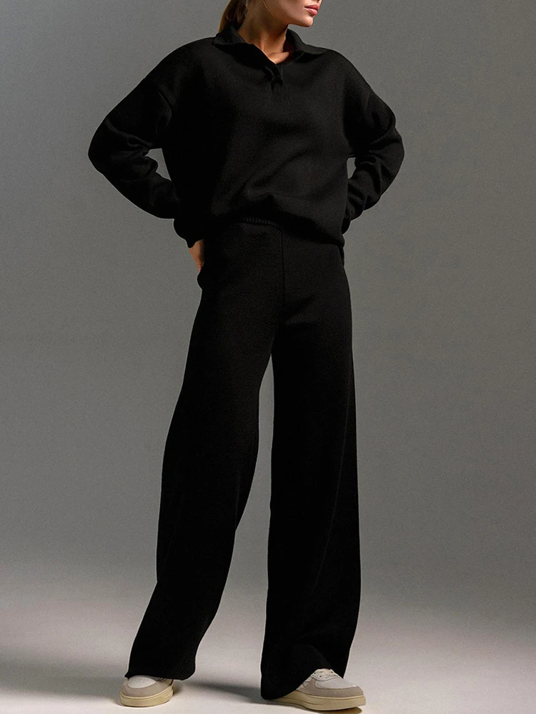 Prašmatnus ir Elegantiškas Moteris, Nustato 2023 vientisos Spalvos Megztinius Tinka Minkštas 2 dalių Rinkinys Moterims Apranga Polo Kaklo Megztinis & Pločio Kojų Kelnės Rinkiniai