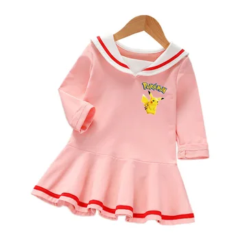 MINISO Pikachu Nauja Vaikų Drabužius Pavasario ir Rudens Mergaitėms ilgomis rankovėmis Suknelė Medvilnės Baby Preppy Stilius Mergaitę Sijonas