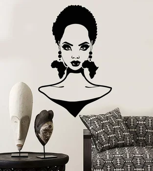 Vinilo sienos aplikacijos Afrikos mergina veido šukuosena Afrikos žemyno auskarai viduje, dizaino, meno, lipdukas freskos namų puošybai 2FZ29