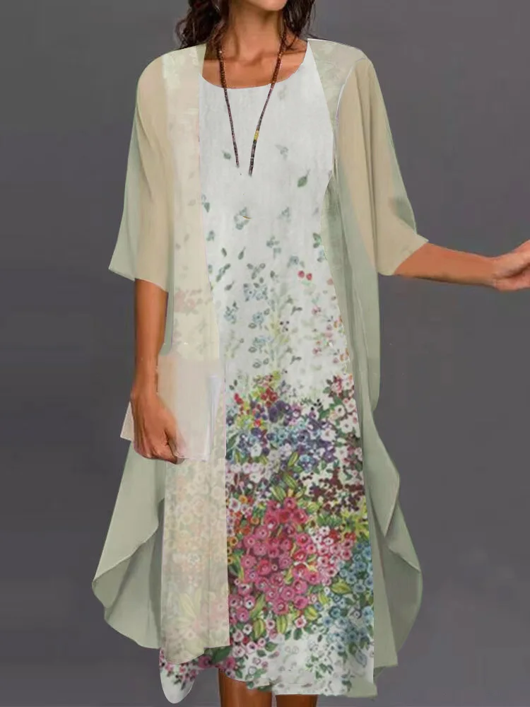 Vasaros Moterų Dviejų dalių Suknelė Puloveris Apvalios Kaklo Vidurio iki Rankovės Laisvalaikio Stiliaus Poliesterio Medžiagos Suknelės 2023 Naujas Mados Vestidos
