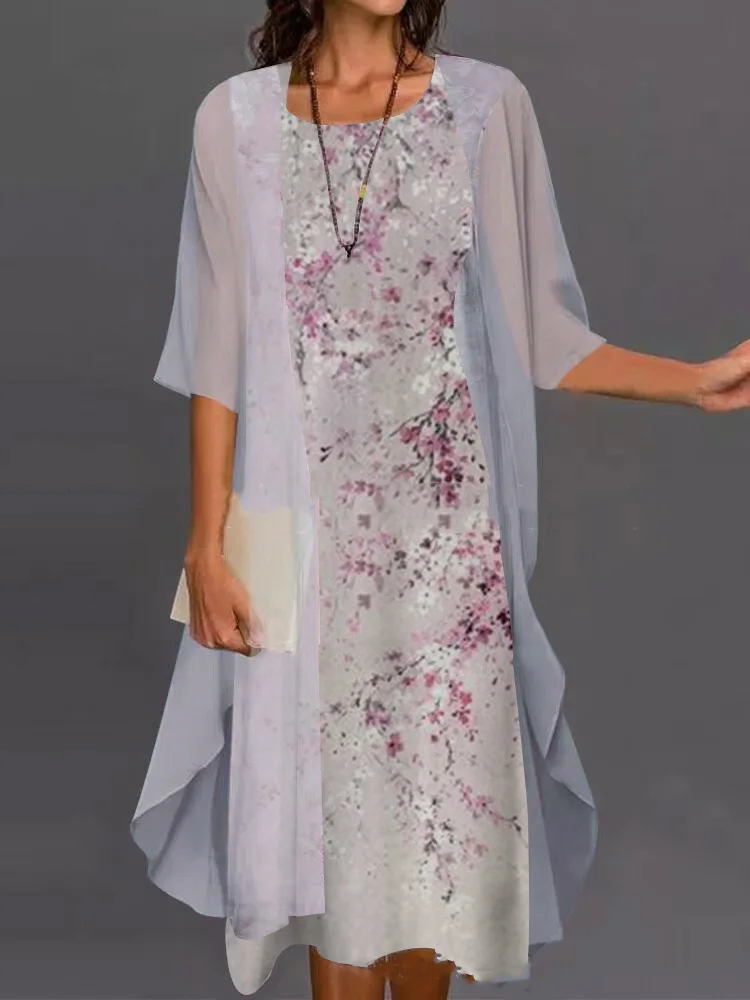 Vasaros Moterų Dviejų dalių Suknelė Puloveris Apvalios Kaklo Vidurio iki Rankovės Laisvalaikio Stiliaus Poliesterio Medžiagos Suknelės 2023 Naujas Mados Vestidos